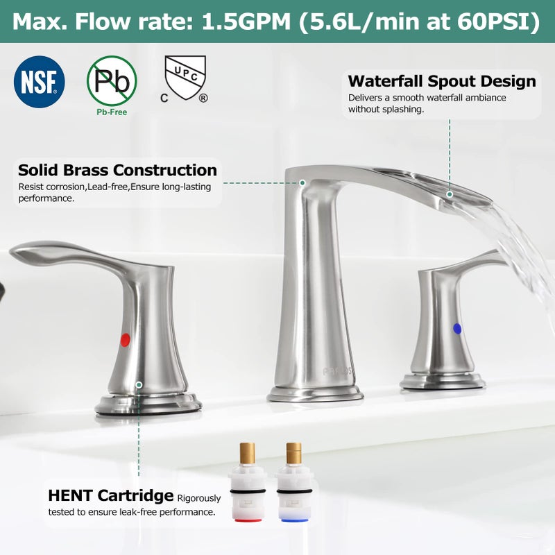 PARLOS Waterfall Widespread Bathroom Faucet 2 Handles with Metal Pop Up Drain & cUPC Faucet Supply Lines, Brushed Nickel, Demeter 1431802 - Image 2